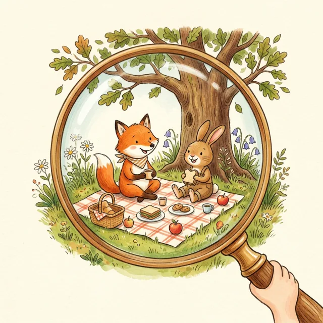 A magnifying glass over a fox and a rabbit having a picnic under a tree